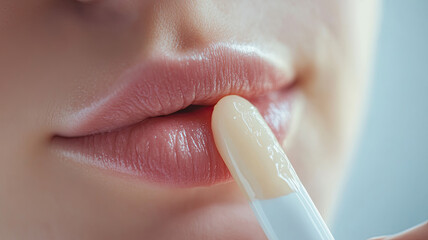 Close-up of a young Caucasian woman applying lip balm to her dry lips. The balm stick is creamy and glistening, enhancing the natural lip color.