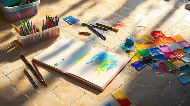 A cluttered artist's workspace with paintbrushes, paint palettes, and colorful paints scattered on a wooden table near a window.