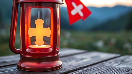 Glowing Swiss lantern with white cross motif, resting on rustic wood with alpine meadow in soft focus.