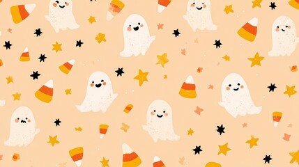 Cute Halloween Pattern with Smiling Ghosts Candy Corn and Stars on Peach Background