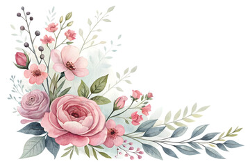 Watercolor floral corner arrangement with pink roses isolated on transparent background. Flower PNG.