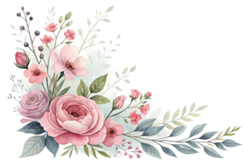 Watercolor floral corner arrangement with pink roses isolated on transparent background. Flower PNG.