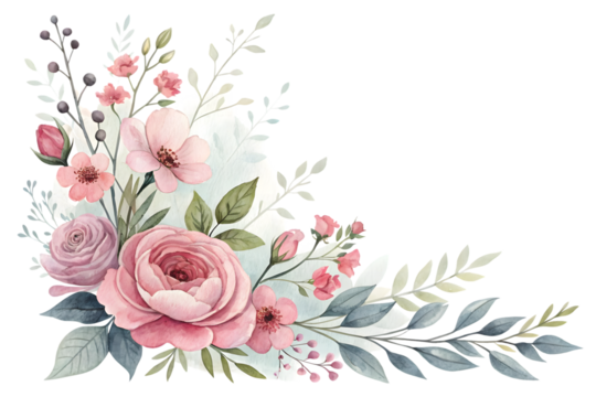 Watercolor floral corner arrangement with pink roses isolated on transparent background. Flower PNG.