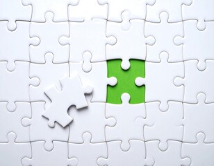 Fototapeta premium A white jigsaw puzzle with a missing piece and a green background