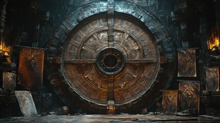 Obraz premium Ornate Circular Doorway in a Dark, Stone Chamber