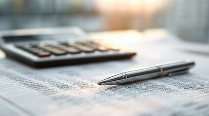The pen rests on financial documents beside a calculator in a professional setting.