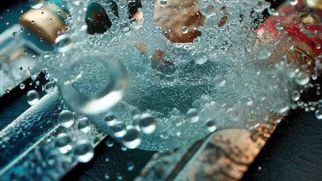 Close-up of a knife blade with water droplets and splashes, emphasizing texture and sharpness in a dramatic scene