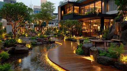 Obraz premium Urban oasis with flowing water & wooden path