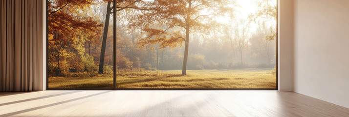 Creative Abstract Commercial Background: Autumn Outdoor Scene Merging with Interior Design. Floor-to-ceiling Windows Blending Nature and Indoor Space. Innovative Concept for Architecture, Home Decor, 