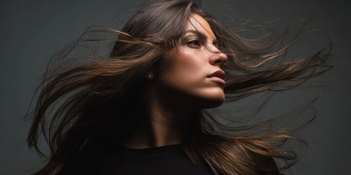 The elegant woman with flowing hair in a dramatic portrait setting.