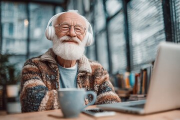 silver haired elderly man with headphones, sitting at desk with a modern laptop, slightly smiling, smartphone charging nearby, coffee mug
