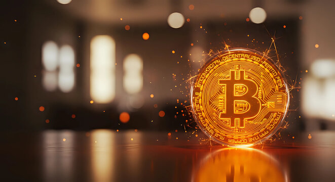 A glowing golden bitcoin (btc) physical coin with sparkling effects on desk, office background - cryptocurrency investment, blockchain technology, and future of digital finance concept