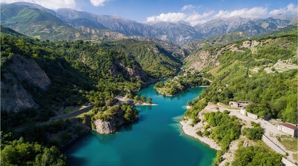 Stunning aerial view of a perfect deep blue lake with mountains in the background, clear skies, grassy meadows around, showcasing nature's beauty and creating a serene atmosphere.