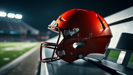 Fototapeta premium American football helmet placed on a bench under dramatic stadium lights, with a blurred field behind.