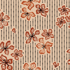 Hand drawn flowers and polka dot stripes seamless pattern. Brown autumn floral print, background, wallpaper. Botanical dotted wrap paper, textile design, fabric, repeat background. Vector illustration © Tani Kuzminka