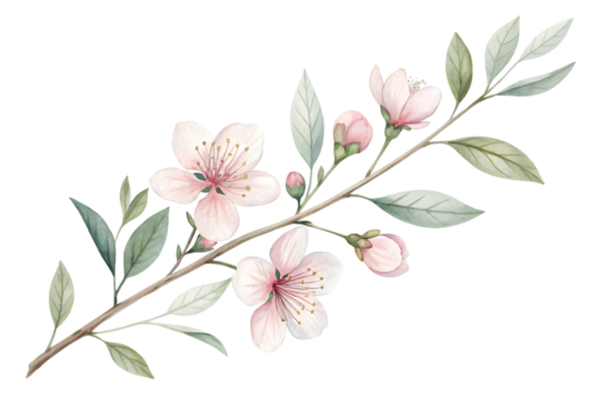 Watercolor cherry blossom branch with pink flowers isolated on transparent background. Flower PNG.