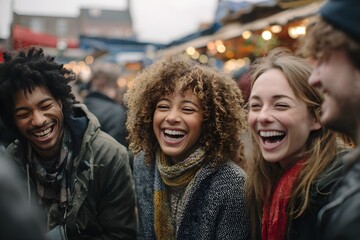 A candid shot of a diverse group of friends laughing genuinely at an outdoor market