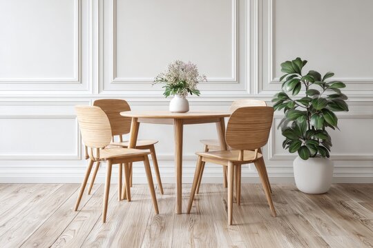 Light-filled dining room with a round wooden table and four chairs.  A vase of flowers sits on the table, and a leafy plant stands in a pot beside it.  Creamy white walls and paneled trim. 