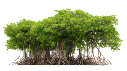 ancient banyan tree with sprawling roots and lush green foliage isolated on white background