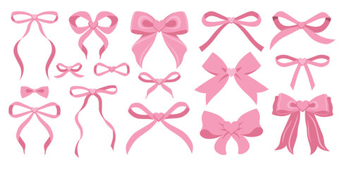 Simple hand drawn pink ribbon bow collection. Bowknot for decoration, big set of pinky bowtie. Large retro hand drawn ribbon illustration set. Set of various cartoon bow knot, gentle gift ribbon heart
