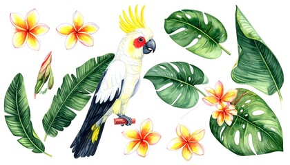 Obraz premium Watercolor illustration of a Cockatoo parrot with tropical flowers and leaves