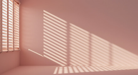 Obraz premium Sunlight streams through blinds casting shadows on a wall and floor
