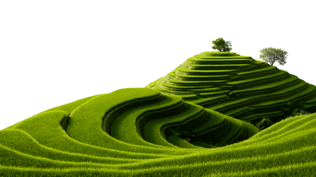 vibrant green rice terrace landscape  isolated on white background
