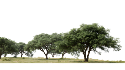 row of lush green trees on grassy landscape isolated on white background