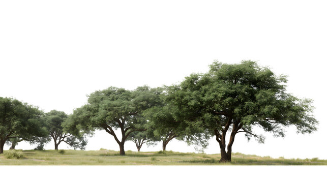 row of lush green trees on grassy landscape isolated on white background