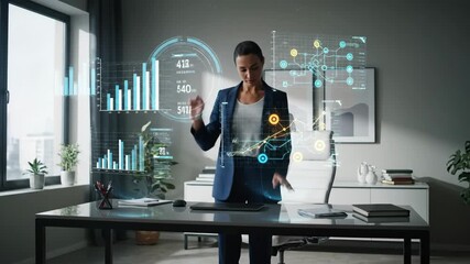 Modern Businesswoman Interacting with Holographic Data - A mid-adult woman in a modern home office interacts with a holographic user interface displaying various charts and graphs. - Powered by Adobe