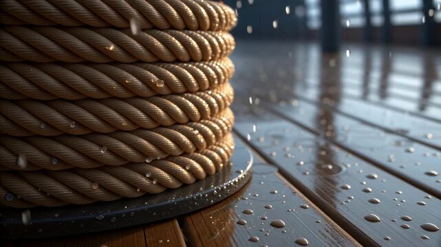 Cargo ship in storm, featuring wet rope on a wooden deck.
