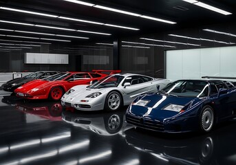 Elegant Garage Display of Classic Supercars in Pristine Condition and Detail