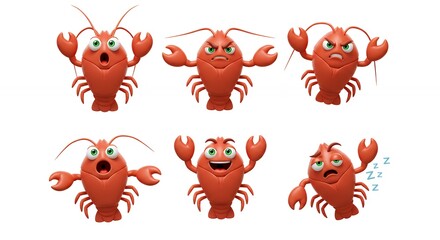 Cartoon lobster characters set with diverse expressions