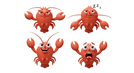 Cartoon lobster characters set with various expressions