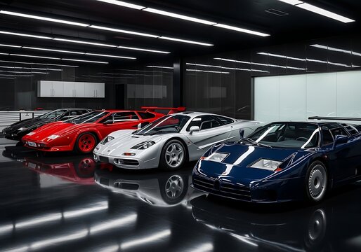 Elegant Garage Display of Classic Supercars in Pristine Condition and Detail