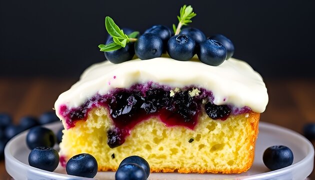 Zesty lemon sponge filled with blueberry compote and thyme infus