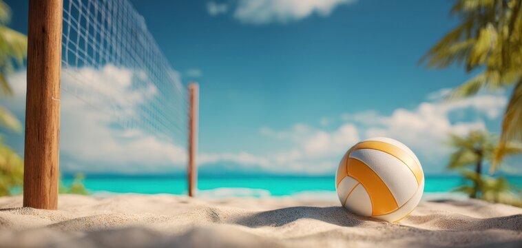 The vibrant volleyball resting on the sandy beach by the tranquil ocean.
