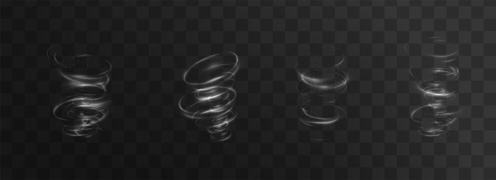 Twirl, wind, whirlpool, light, motion PNG with glowing vortex and glistering winter swirl. Three-dimensional tornado PNG on transparent background. Overlay for whirlwind or magical effect design.