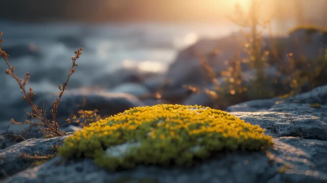 Sunlit riverbank with moss and blurred river