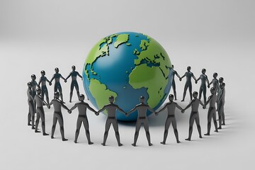 Diverse global community holding hands in unity around planet Earth, symbolizing connection and cooperation for a better future.