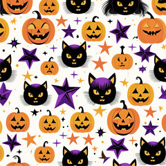 Spooky Halloween Seamless Pattern with Jack-o'-Lanterns, Black Cats, and Stars