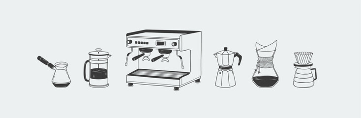 Hand drawn linear set of coffee making equipment. Coffee preparation with coffee machine, turk, french press, moka pot, chemex, pour over. Doodle items for menu, print, cafes, coffee shop design