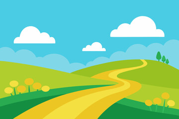 A cartoon summer landscape illustration with a rainbow over green hills and a blue sky with clouds