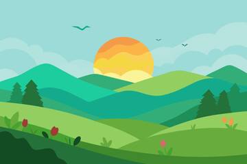 Obraz premium Summer mountain landscape with green fields and a road under a blue sky with white clouds