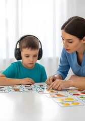 Autistic child boy with noise cancelling headphone in therapy using picture cards with therapist for communication skills and autism spectrum inclusion awareness