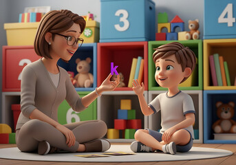 3d cartoon Autistic child boy learning letter recognition with therapist holding letter K in therapy session for language and cognitive skills inclusion awareness