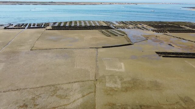 Ria Formosa riverbed at low tide, with shellfish production and yachts anchored in the river in Algarve, Portugal