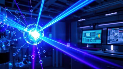 Close up of a glowing orb with connected spheres and blue lasers in a futuristic laboratory scene