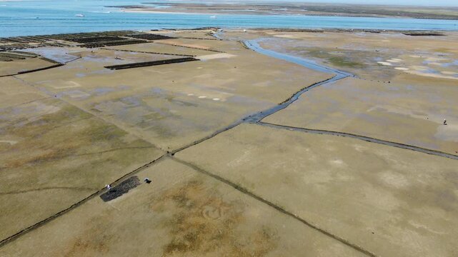 Ria Formosa riverbed at low tide, with shellfish production and yachts anchored in the river in Algarve, Portugal
