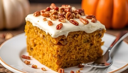 Moist pumpkin cake with a maple cream cheese frosting and a crun